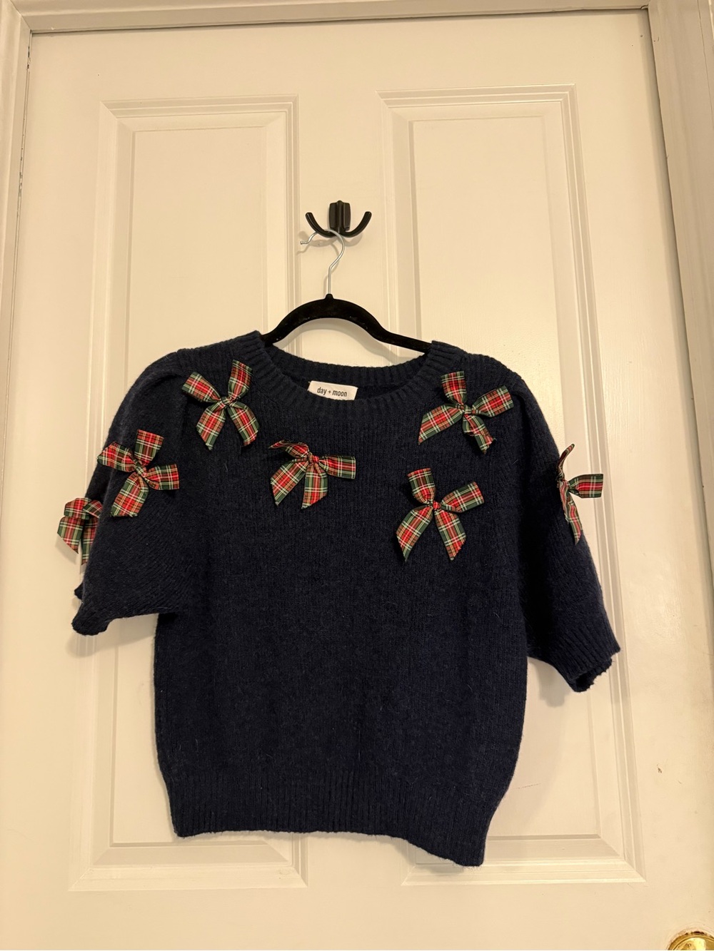 Navy Bow Accent Short-Sleeve Sweater